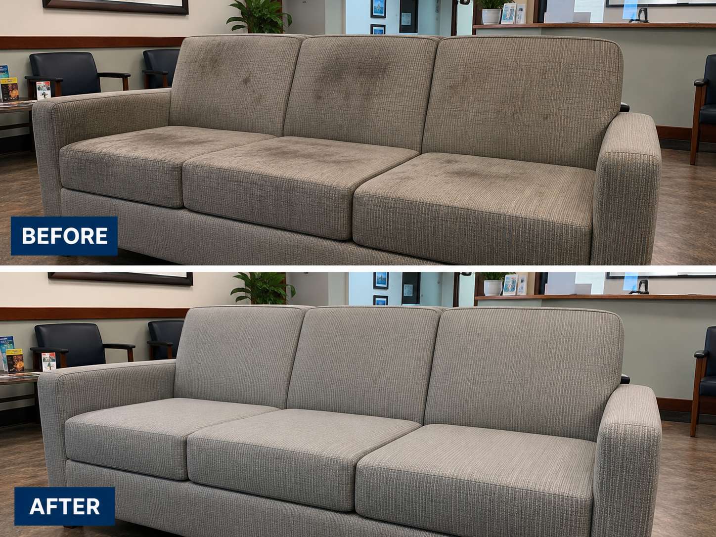Office waiting room sofa before and after upholstery cleaning